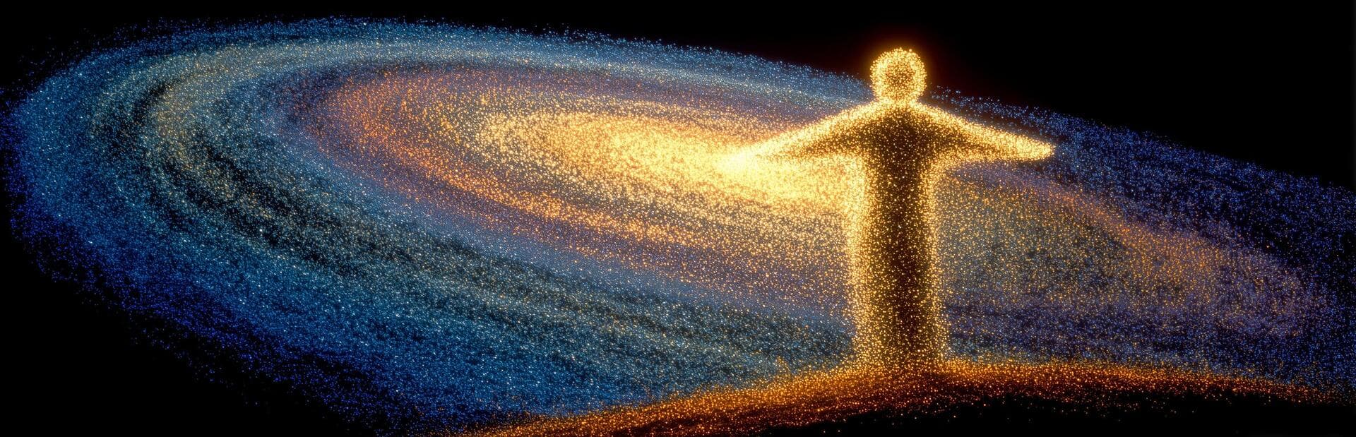 Mensch auf einem Huegel mit ausgebreiteten Armen