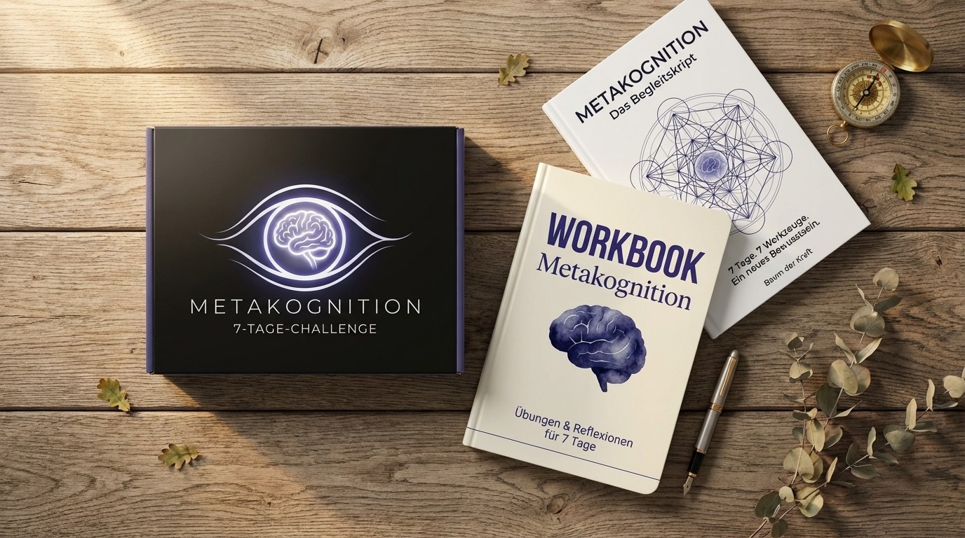 Metakognition 7-Tage-Challenge: Software-Box, Workbook und Begleitskript als Flatlay mit Eukalyptus, Füller und Kompass auf Holz