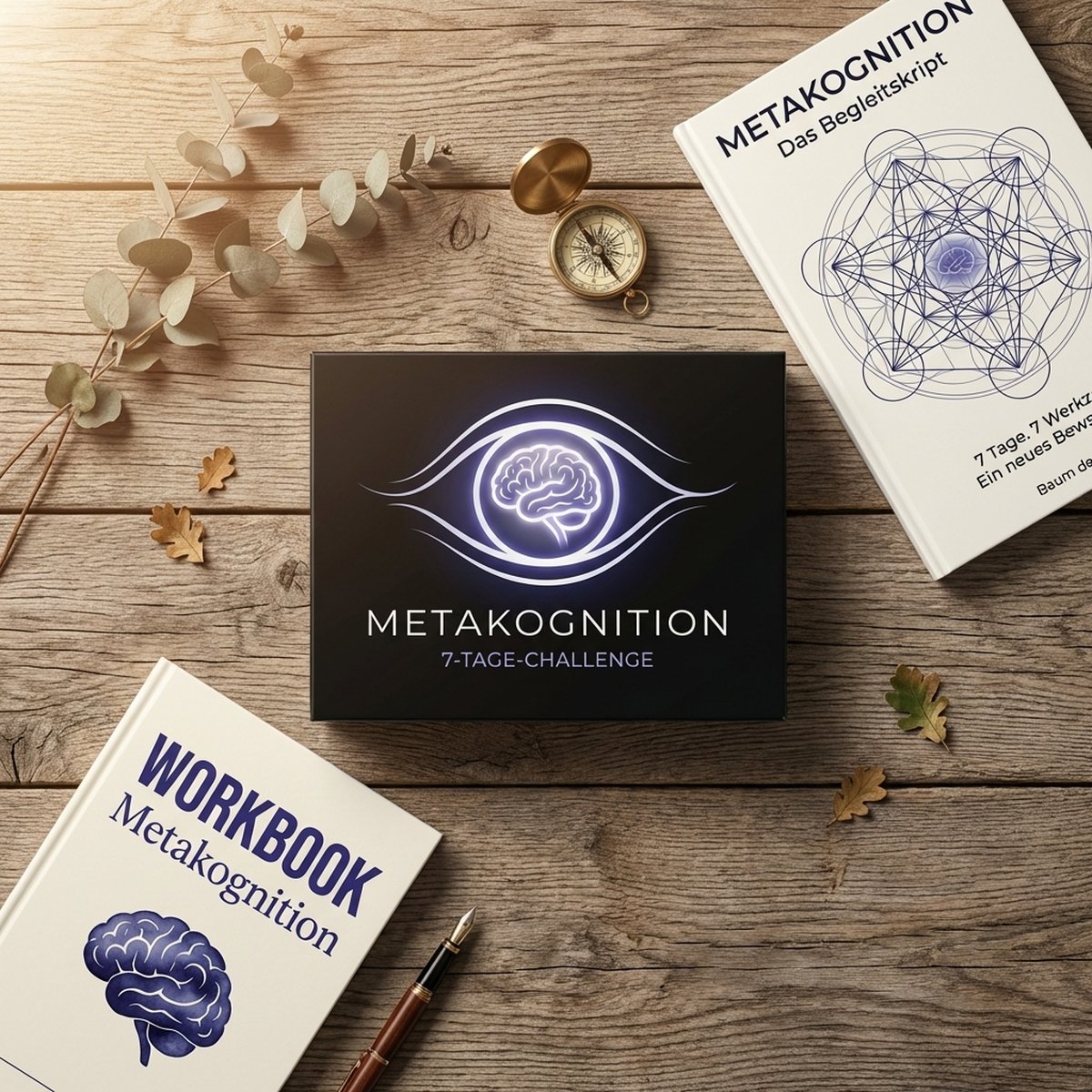Metakognition 7-Tage-Challenge: Kurs-Box, Workbook und Begleitskript auf Holz